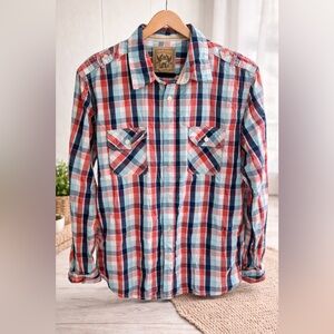 🔥 Red Camel Plaid Button Down Shirt Size L Western Casual Gently Used 🔥
